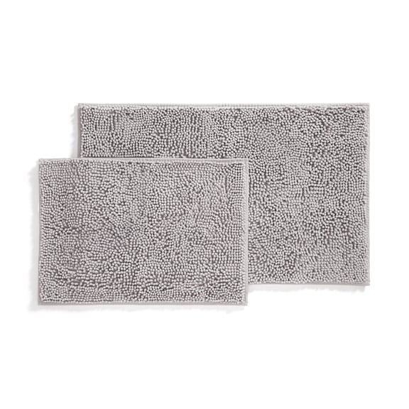 Soft Absorbent Chenille Bath Mat Rug with Anti-Skid Rubber Backing, 2 Pack, Light Gray, by Noble Linens