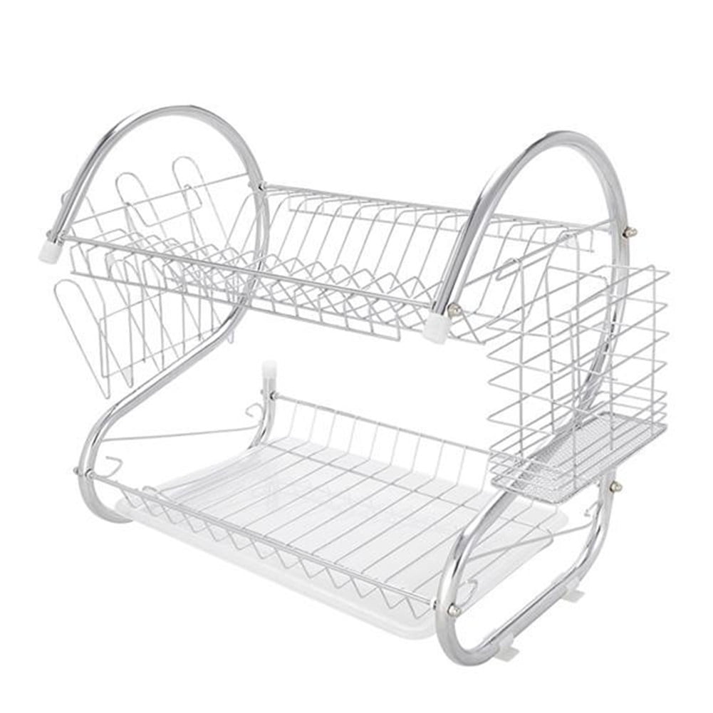 Silver 2-Tier Stainless Steel Dish Drying Rack with Utensil Cup