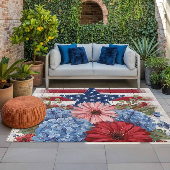 4th of July Outdoor Rug 3x5 ft Patriotic Star Poppy Flower Outdoor Large Area Rug Non Slip God Bless America Front Door Mat RV Rug Carpet Patio Outdoor Rugs for Backyard Balcony Deck Porch Indoor