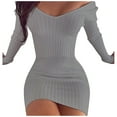 thumbnail image 4 of ZHOGXU Womens Casual Dress Long Sleeve V Neck Solid Color Knitted Fashion Comfortable Slim Fit Dresses For Casual Daily Wear,Grey,L, 4 of 6