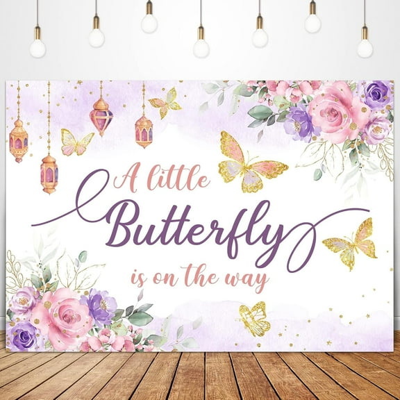 Butterfly Baby Shower Backdrop for Girl A Little Butterfly is on The Way Watercolor Pink Purple Floral Newborn Party Photography Background Decorations Photo Booth Studio
