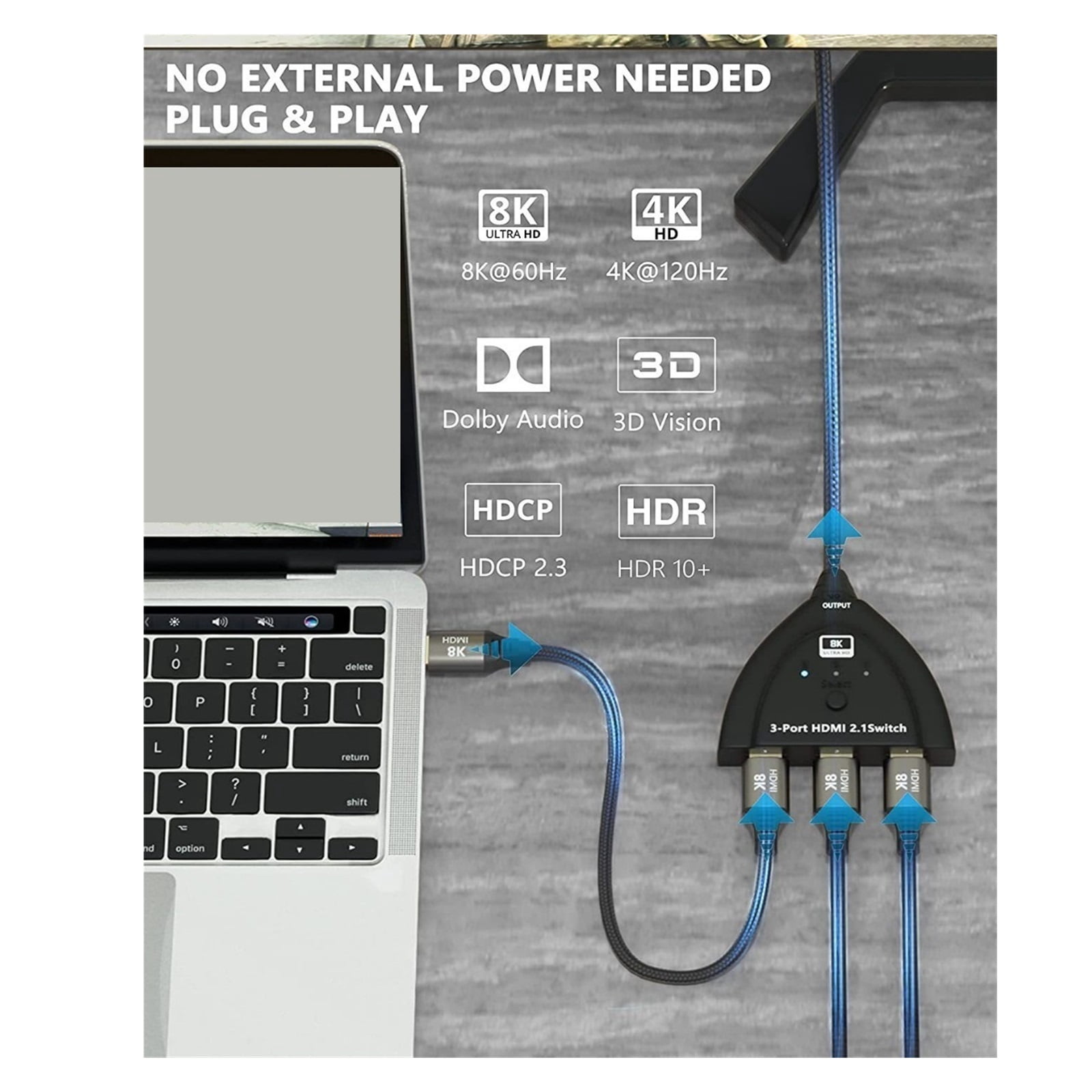 8K 60Hz Compatible Switch 3 Input 1 Output KVM Switches 3D 3 Port VIdeo Switcher Hub 4K 120Hz ,High Image Resolution