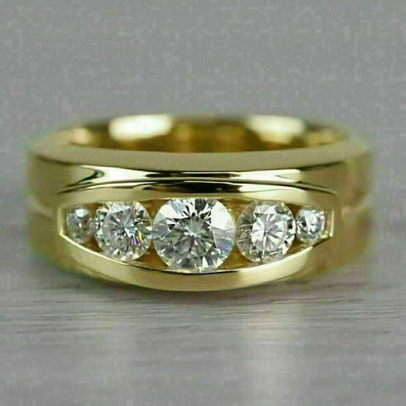 3.00 Ct Round Cut Moissanite Men's Wedding Five Stone Ring Real 14K Yellow Gold