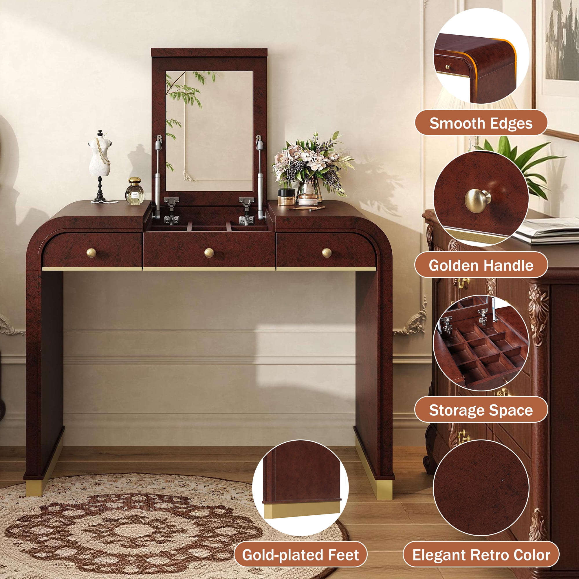 Mintazer Classic Wood Vanity Set with Flip Mirror, 3-in-1 Dressing Table with 2 Drawers & Storage Space, Makeup Vanity Desk for Bedroom, Espresso