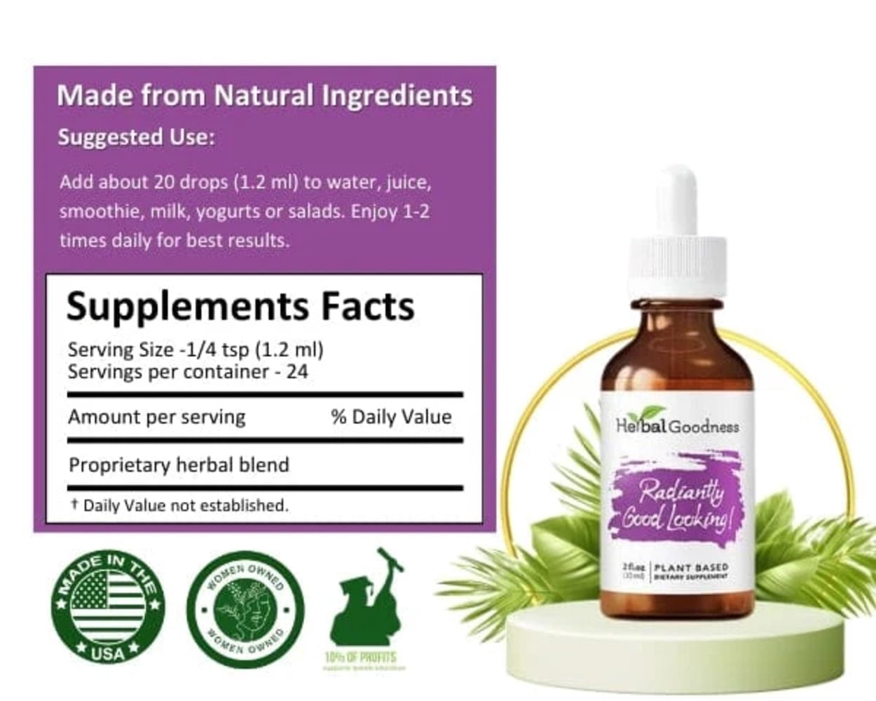 Radiantly Good Looking - Natural Skin Care, Collagen Supplement, Hair & Nail Support, Biotin, Turmeric - 2fl. oz - Herbal Goodness