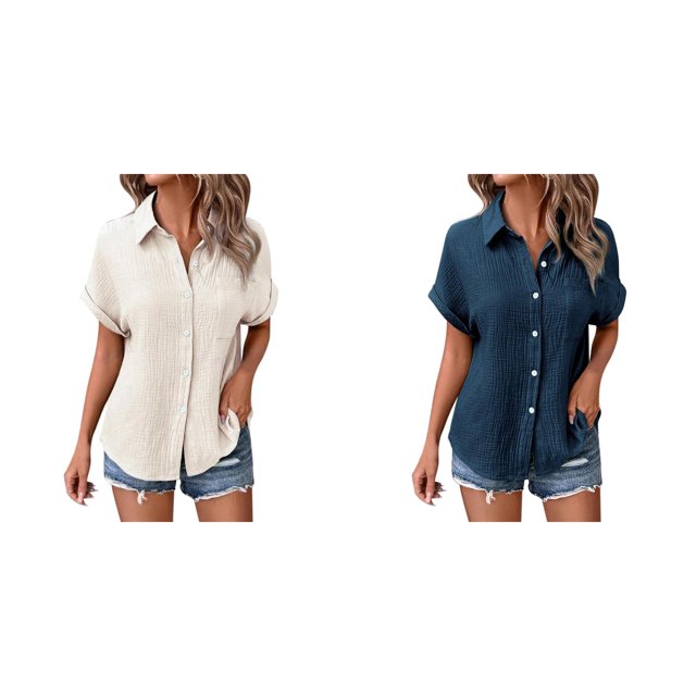 (2-Pack) Rinsvye Womens Solid Color Casual Batwing Sleeve Button Down Blouse Ladies Tops Casual Shirt Versatile Wardrobe