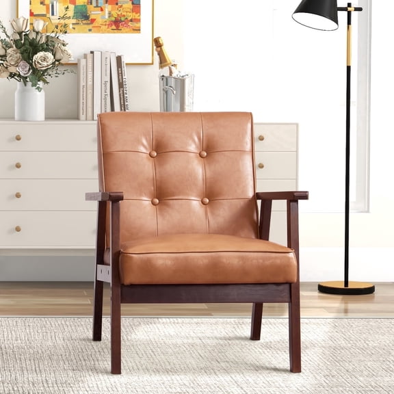 Bonzy Home Accent Chair Mid Century Modern PU Leather Armchair with Wood Frame for Living Room Bedroom Study Room, Easy Assembly, Brown
