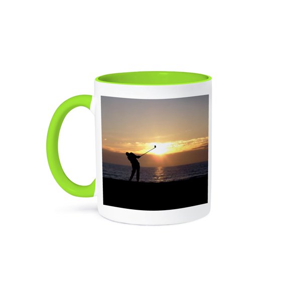 3dRose, Playing Golf At Sunset - silhouette of golfer driving on 18th hole, 15oz Two-Tone Green Mug