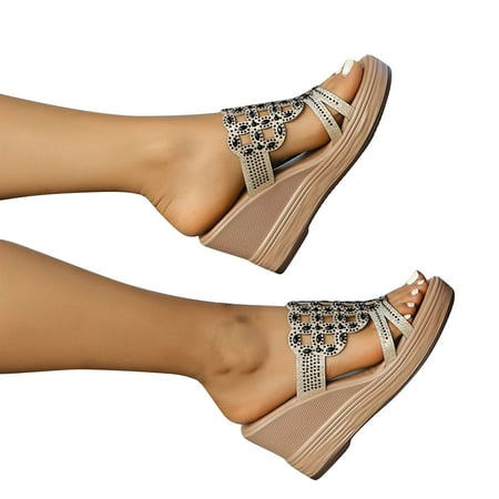 

WQJNWEQ Sandals Women Summer New Retro Casual Knit Water Diamond High Heel Straight Slope Heel Slippers