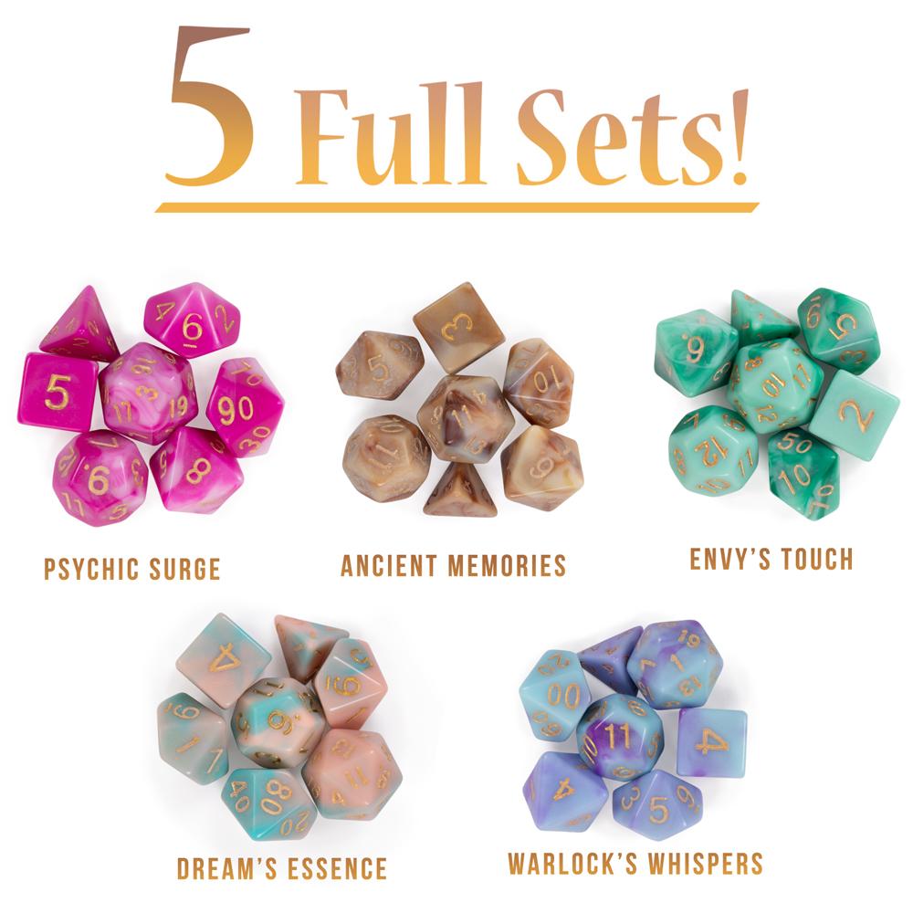 Wiz Dice Cup of Illusion - DND Dice Set for Tabletop RPG Adventure Games with a Dice Cup - Polyhedral Dice Set, Suitable for Dungeons and Dragons and Dice Games Alike - 5 Complete Sets - 35 ct