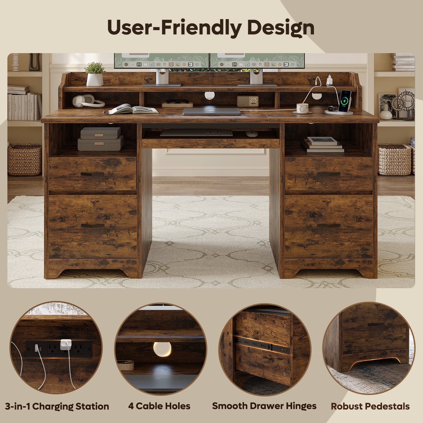 Bestier Farmhouse Executive Desk with Drawers, 59" Wood Computer Desk with Charging Station, Home Office Desk with Keyboard Tray & Monitor Stand，File Cabinet Sturdy Desk for Work Study, Rustic Brown