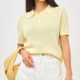 thumbnail image 5 of Women Hollow Knitted -Shirt Casual Short Sleeve Loose Lapel Solid Color Top Yellow M, 5 of 8