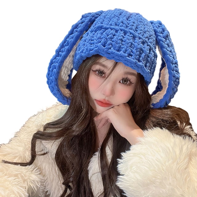 CSChome Knitted Hat Women Winter Hat Long Bunny Ear Decor Knitted High Elasticity Warm Thick Soft Ear Protection Solid Color Windproof Slip