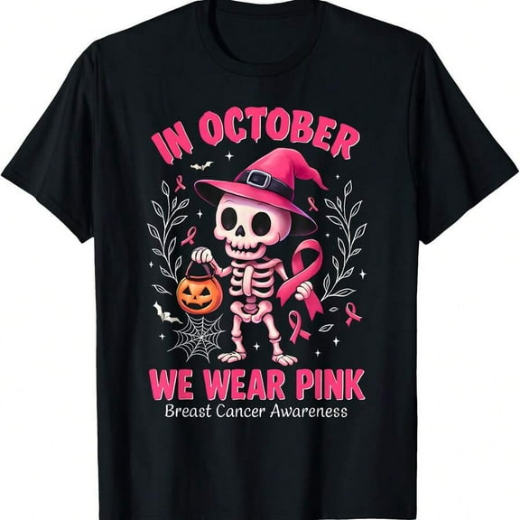 In October We Wear Pink Skeleton Breast Cancer Awareness T-Shirt