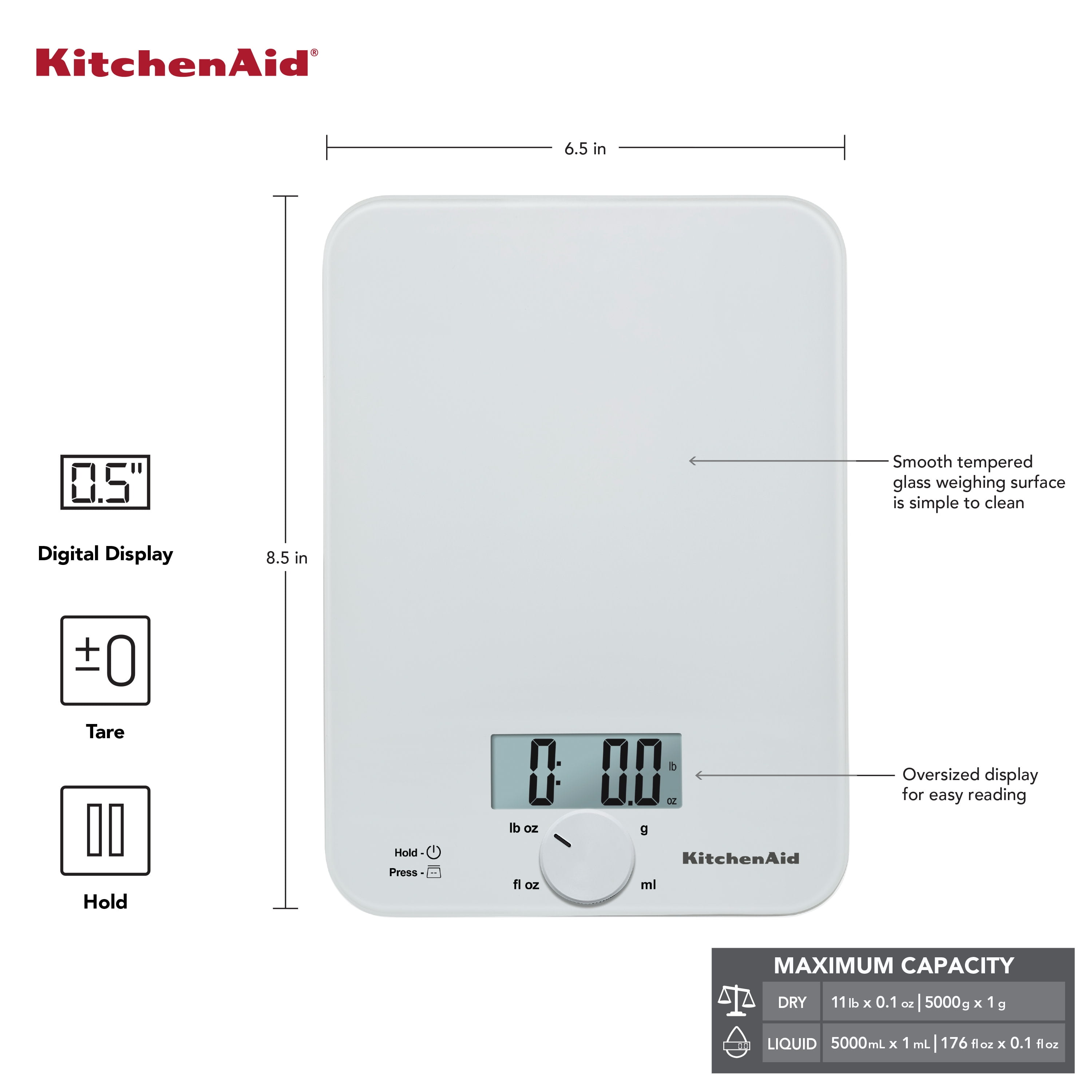 KitchenAid 11lb Digital Glass Top Kitchen and Food Scale Measures Liquid and Dry Ingredients, White