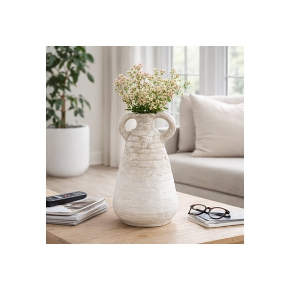Amphora Vase for Living Room Decor - Modern Terracotta Pottery Flower Vase For Home, Bedroom, and Office Table Decor - Textured Two-Handled Ceramic Style Accent Piece for Entryway - 18", Ivory & Tan