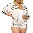 thumbnail image 3 of QATAINLAV Two Piece Sets for Women Full Zip Up Crop Sweatshirts Sport Jackets and Drawstring Shorts Fashion Stripe Tracksuits with Pockets, Beige, XXL, 3 of 10