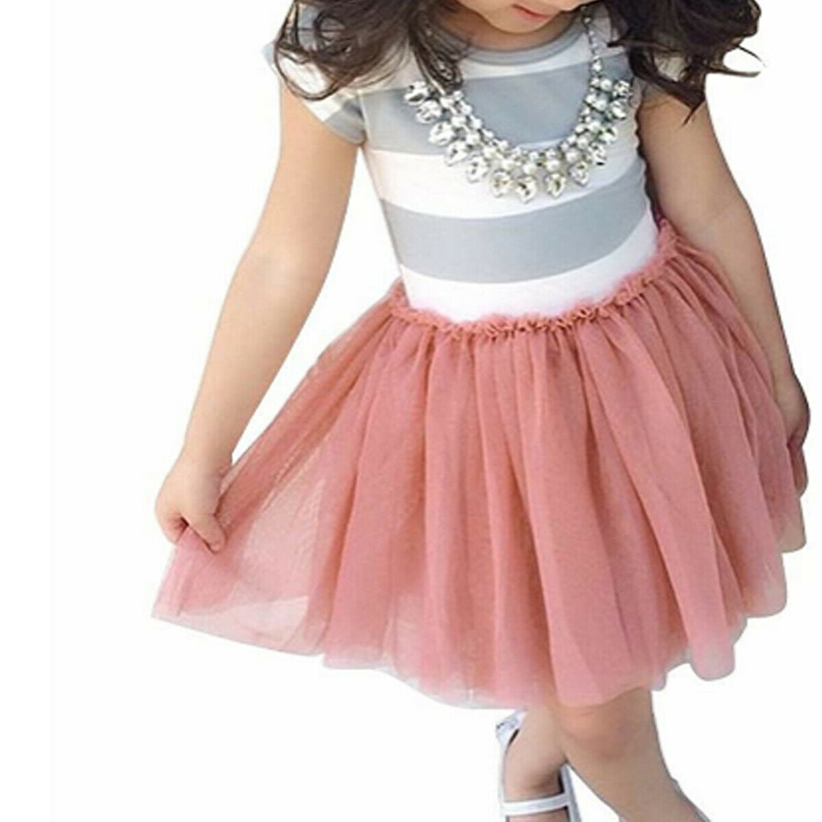 Summer Dress for Baby Girl Short Sleeve Striped Birthday Party Tulle Tutu Dress 