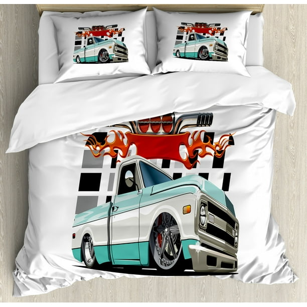 Truck King Size Duvet Cover Set, Lowrider Pickup with Racing Flag
