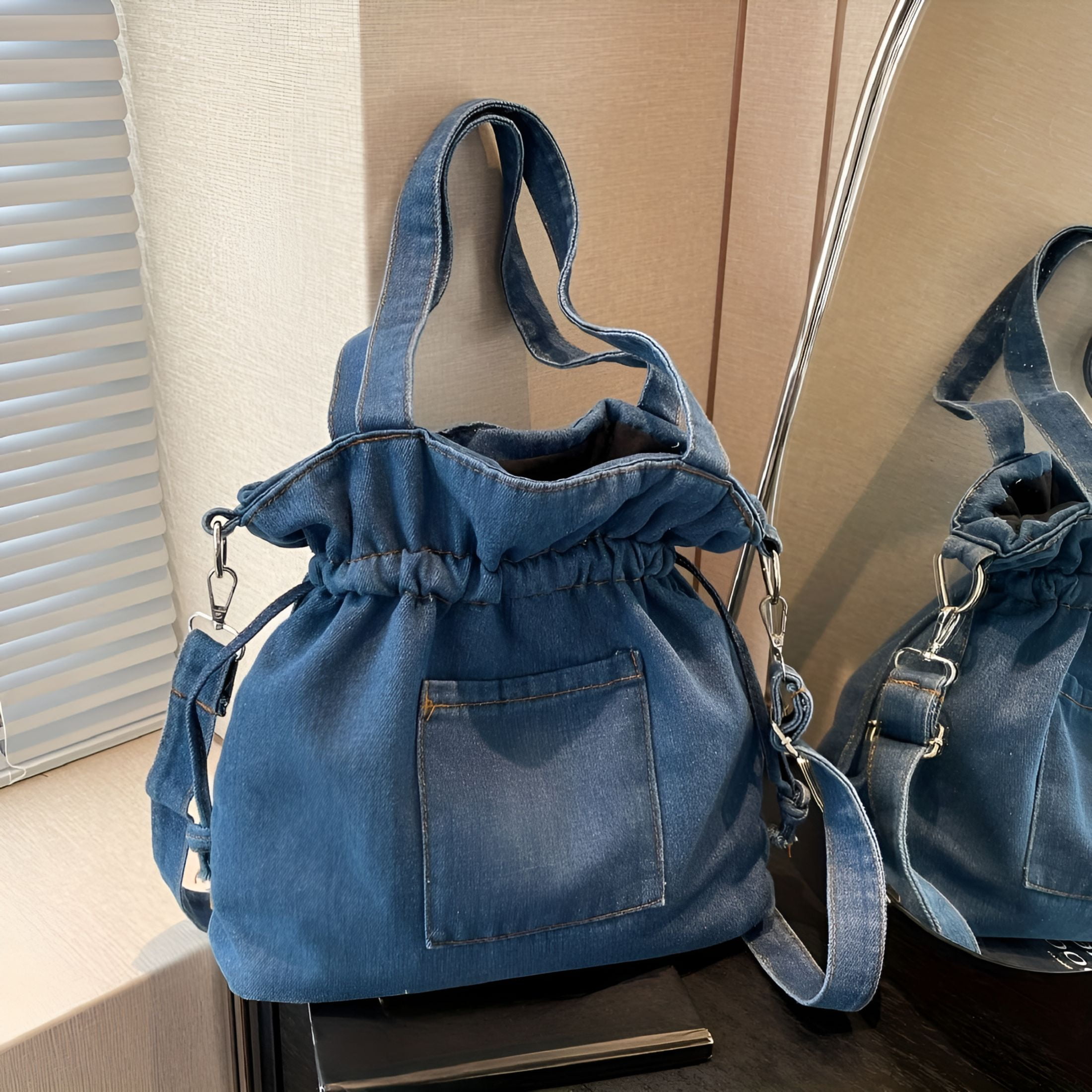 GASTROPOD Denim Tote Bag Vintage Bucket Shoulder Bag Drawstring Crossbody Bag For Women