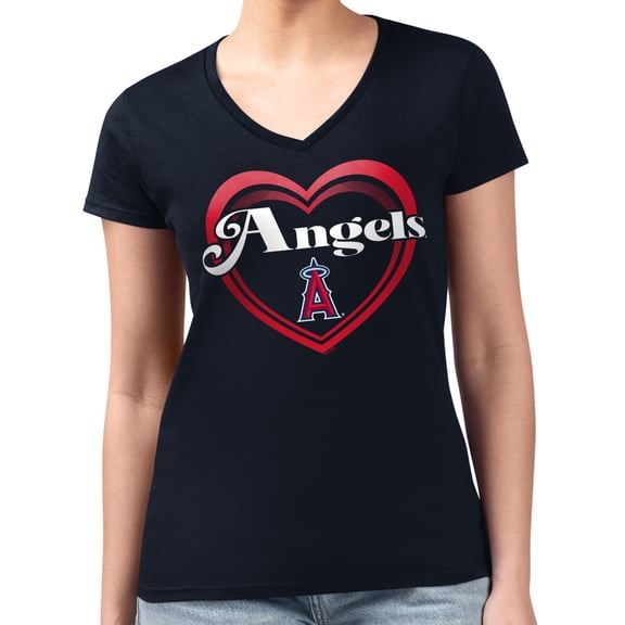 Women's G-III 4Her by Carl Banks Navy Los Angeles Angels Double Heart Fitted V-Neck T-Shirt