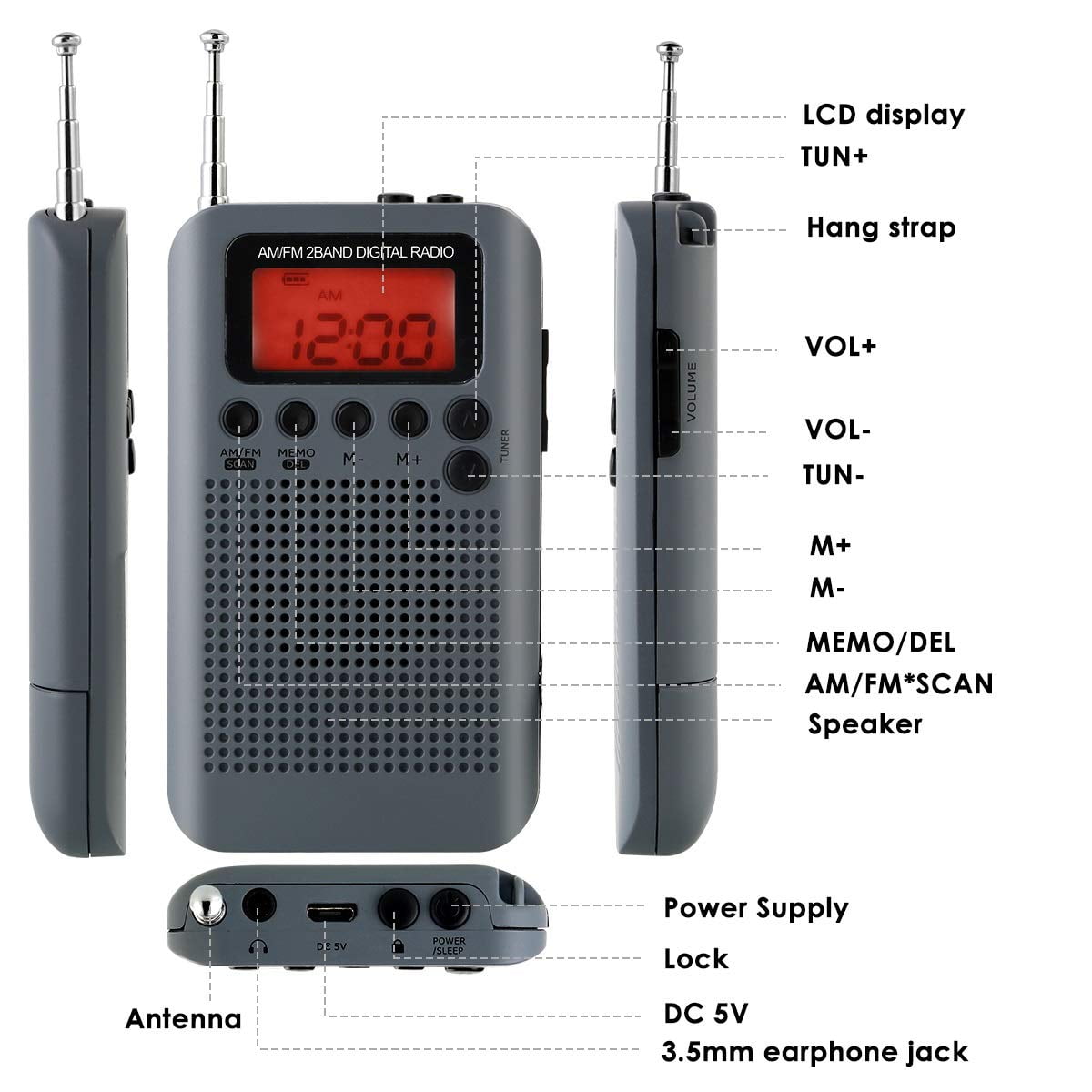 Electronic Portable AM FM Two Band Radio with Alarm Clock & Sleep Timer