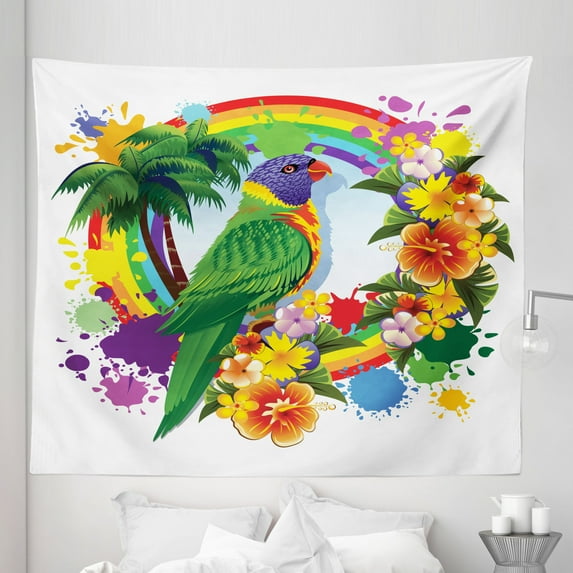 Colorful Tapestry, Animal Lorikeet in Rainbow Circle Palm Trees Tropical Plants Flowers Art Print, Fabric Wall Hanging Decor for Bedroom Living Room Dorm, 5 Sizes, Multicolor, by Ambesonne