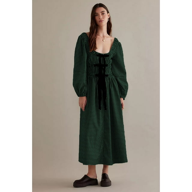 Gupgi Women Floral Dress Front Bow Tie Plaid Dress Boho Long Sleeve Ruffle Flowy Dresses