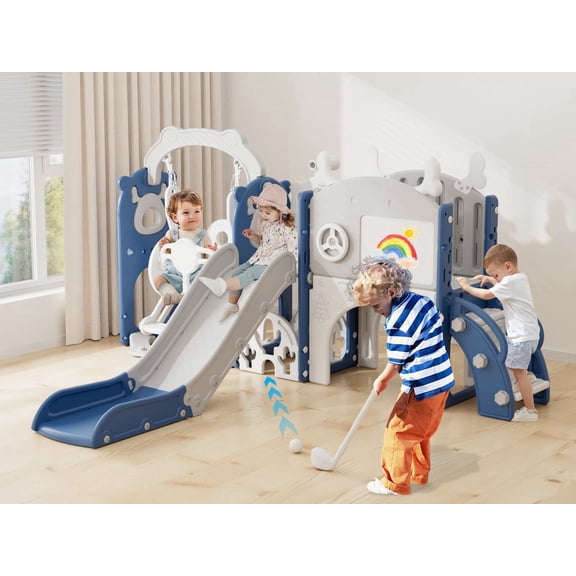 KORIMEFA 13-in-1 Toddler Slide, Kids Swing and Slide for Toddlers Age 1-4, Outdoor Indoor Playground Playset for Toddlers with Basketball Hoop and Ball Playset Telescope, Blue