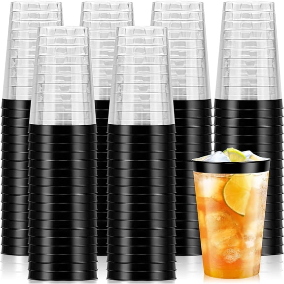 100 Pcs Black Plastic Cups,12 oz Black Rimmed Plastic Cup,Disposable Wine Glasses,Elegant Cocktail Drinking Cup, Clear Party Cups for Wedding Birthday Family Gatherings Holiday (Black)