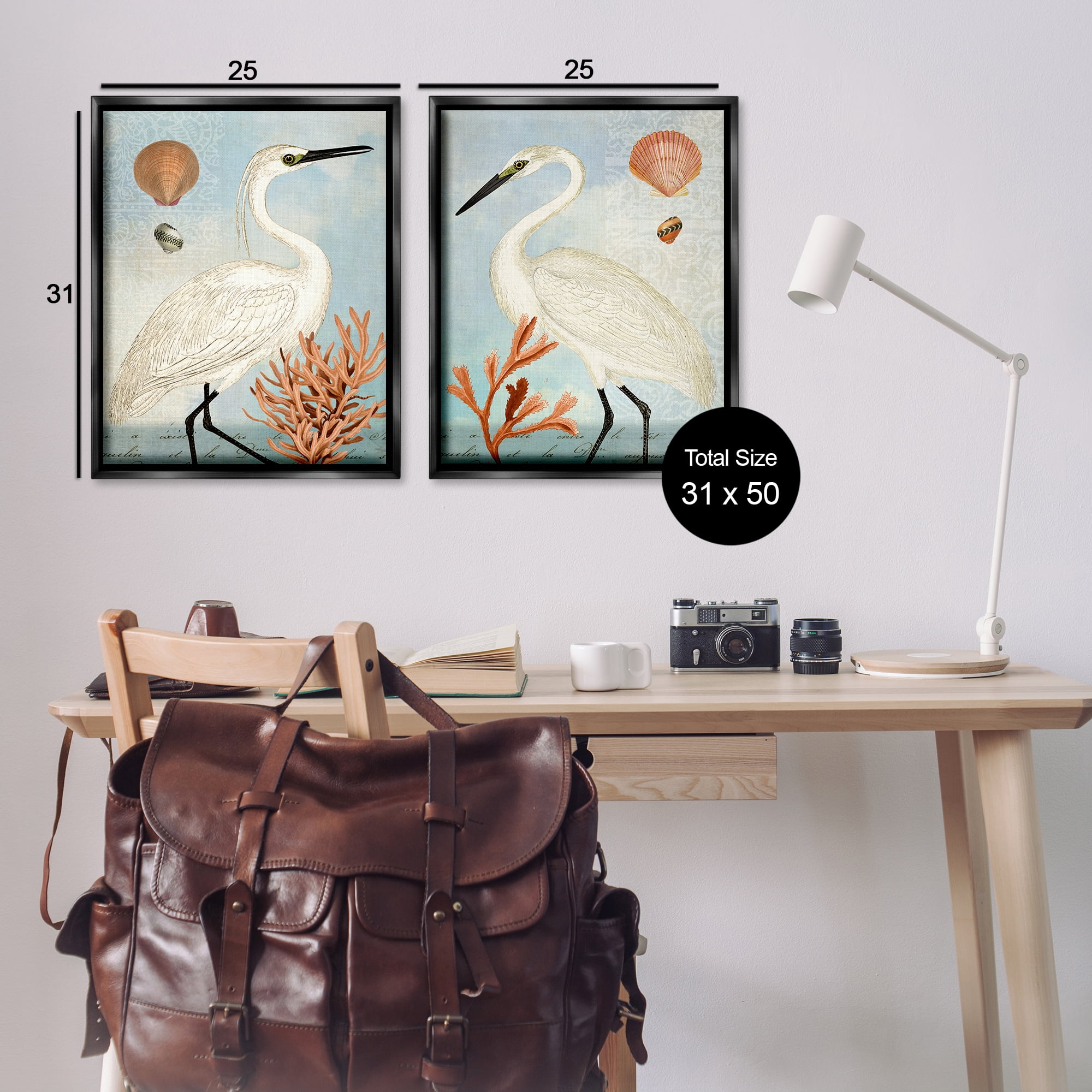 Stupell Industries Beach Items Shell Heron Egret Animals Painting Black Floater Framed Canvas Art Print Wall Art, 31 x 25, Set of 2