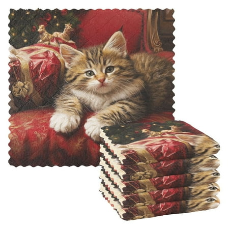 

6 Pieces of Kitchen Towels 11x11Inch Kitchen Dish Cloths Kitchen Dish Towels Reuseable Cleaning Cloths Christmas Noble Cat