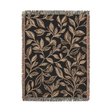 Charcoal and Tan Botanical Leaf Woven Throw Blanket 100% Cotton Nature-Inspired Style for Living Room or Bedroom