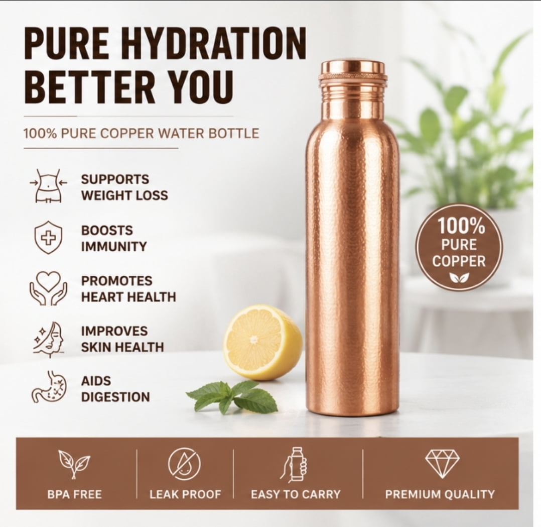 WellSip Copper Bottel | 100% Pure Copper Water Bottle 1000 ML