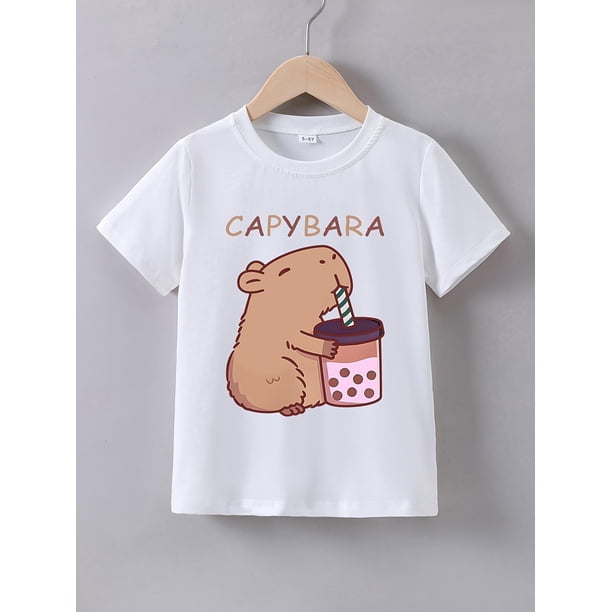 Girls' Cute Capybara Milk Tea Graphic T-Shirt - Soft Cotton & Spandex Blend, Casual Summer Short Sleeve Crew Neck Tee for Youngsters