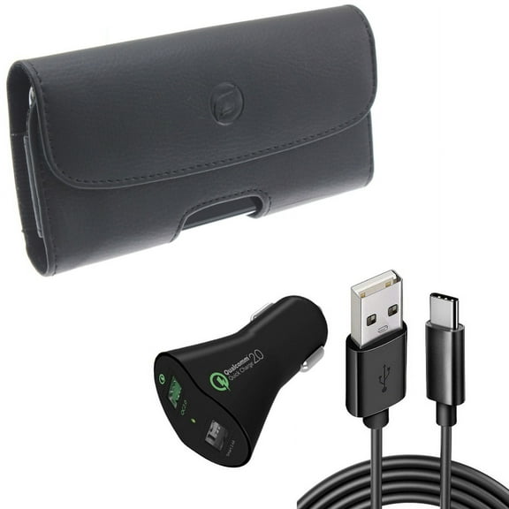 Case Belt Clip & Car Charger for iPhone 15 Pro Max - Leather Holster Cover Loops and 30W Fast 2-Port USB 6ft Cable Type-C B1J for iPhone 15 Pro Max (6.7")