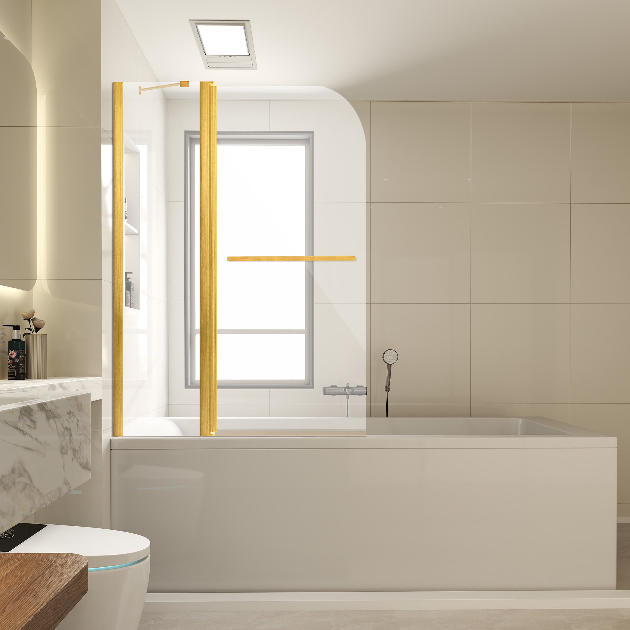 Aukfa 43"W x 58"H Bathtub Shower Doors, 1/4" (6mm) SGCC Tempered Glass Bathtub Door, Brushed Gold