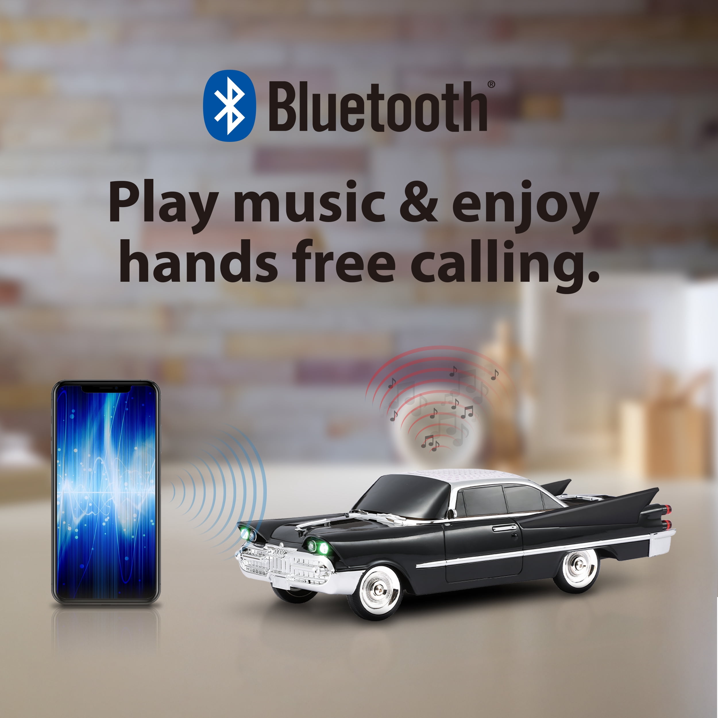QFX Bluetooth 1959 Retro Classic Car Speaker, Dual 2-inch Speakers, Hands-Free Link, Built-in Microphone, FM Radio, and LED Party Lights, Black- BT-1959-BLK