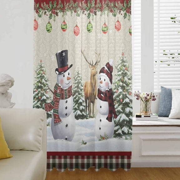 Snowman Christmas Semi Sheer Curtains Drapes for Living Room,Bedroom,French Doors Window 108 Inches Long,Xmas Tree Ball Elk Farmhouse Plaid Rod Pocket Chiffon Curtain Drapery Voile Draperies Panel