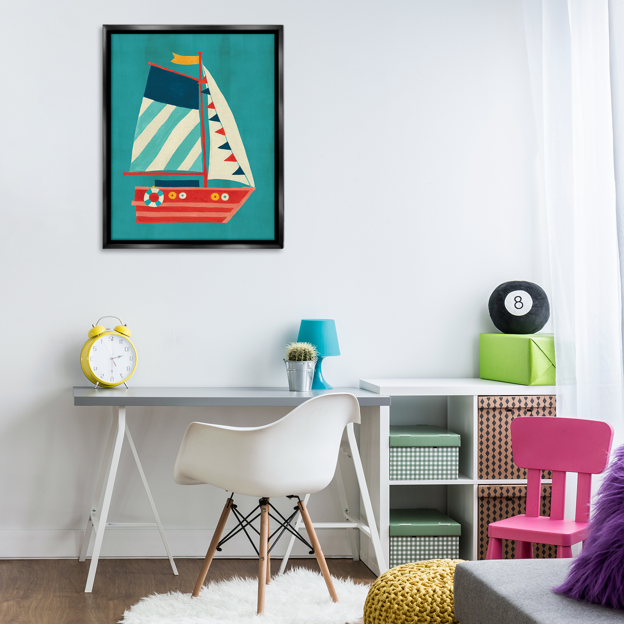 Stupell Industries Striped Sailboat on Blue Transportation Painting Black Floater Framed Canvas Art Print Wall Art, 25 x 31