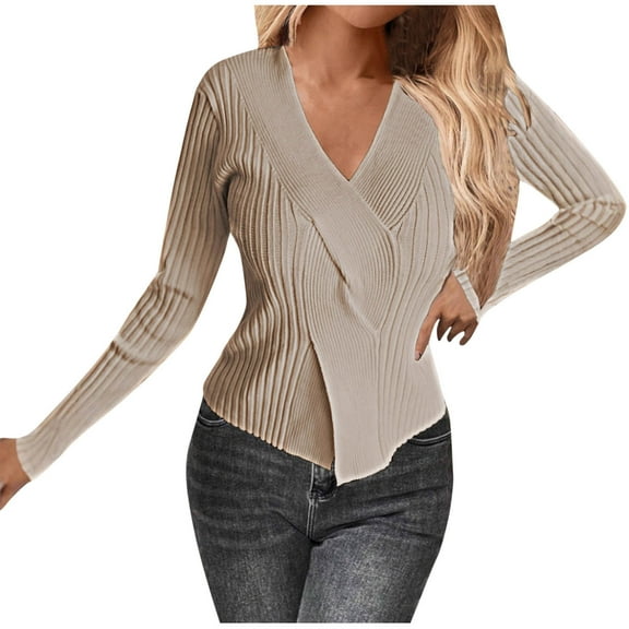 Women's Casual Solid Color Pullover Sweaters Sexy V Neck Long Sleeve Twist Knot Soft Ribbed Knit Sweater Tops