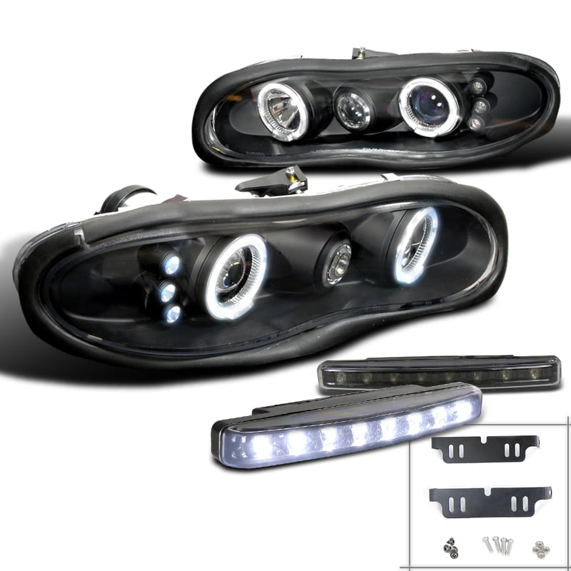Pair Black Projector Headlights w/ Dual Halo Rim for 1998-2002 Chevrolet Camaro 