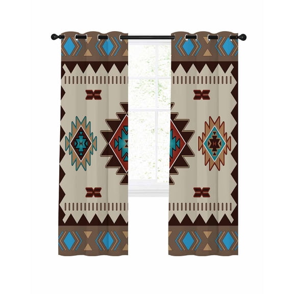 Boho Southwest Blackout Curtains, Light Blocking Print Window Curtains, Farmhouse Aztec Tribe Brown Blue Plaid Thermal Insulated Window Drapes for Living Room Kitchen Cafe 2 Panels, 104"W x 90"L