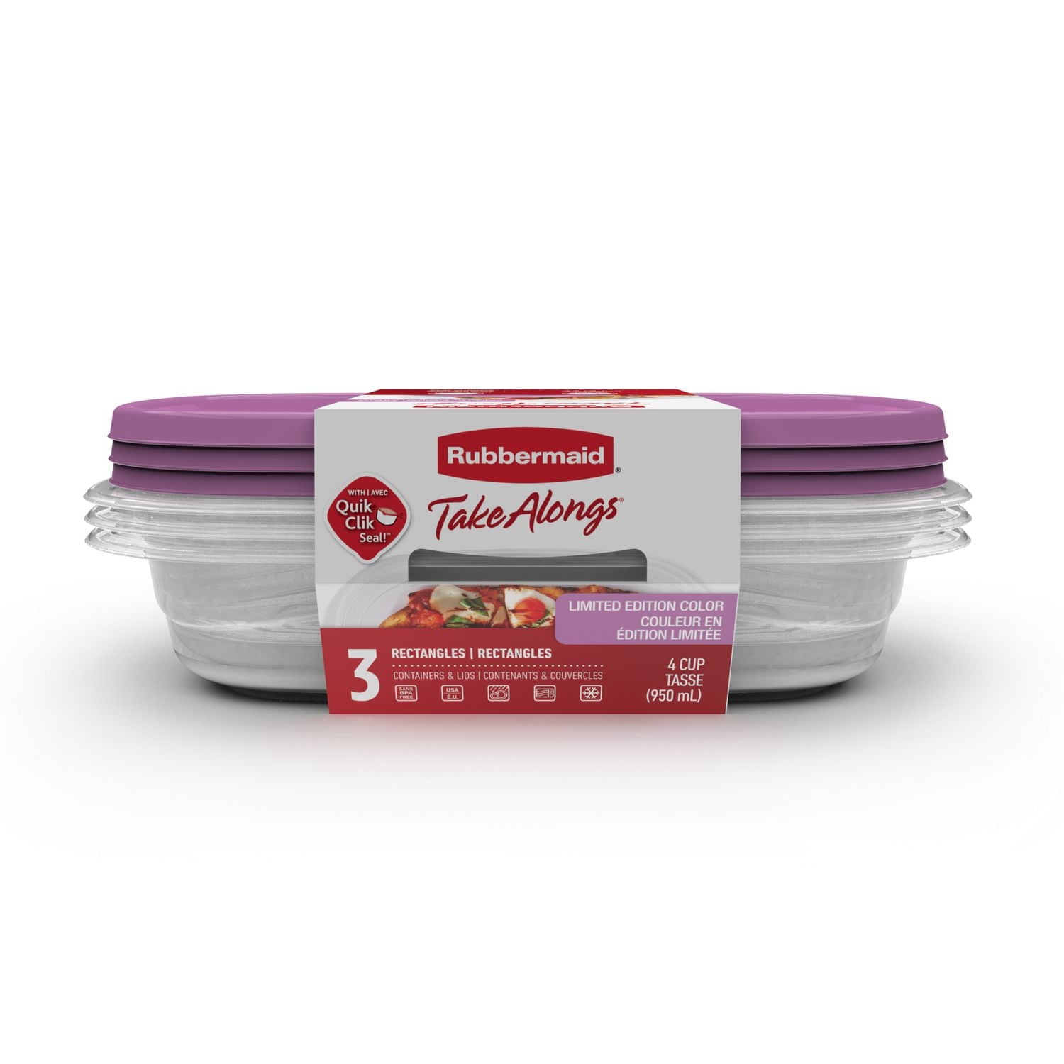 Rubbermaid TakeAlongs Rectangular Food Storage Containers, 950 mL (4 Cup), Special-Edition Orchid Purple, 3 Pack