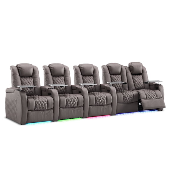 Weilianda Luxury Series Home Theater & Gaming Seating - Power Recliner Set,Top Grain Leather,Dual Electric Headrests,Tray Table,Type-C USB Ports,Row of 5,Loveseat right,Gray