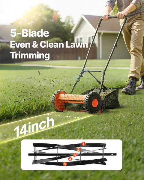 14 Inch Manual Push Reel Lawn Mower 5 Blade Adjustable Height with Grass Catcher and 2 Wheels