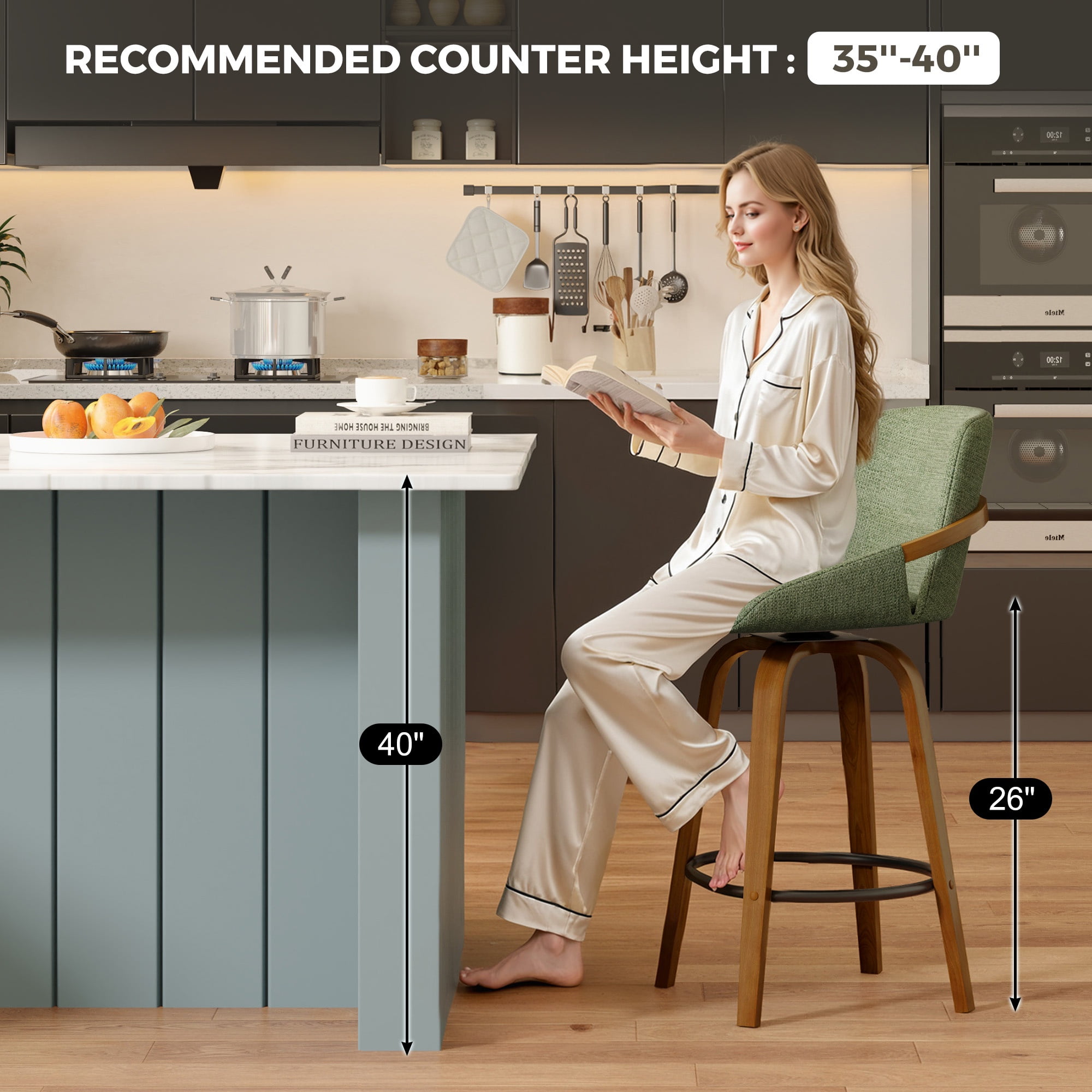 JULY'S SONG 26" Swivel Counter Height Bar Stools with Back Sets of 2, Mid Century Barstools with Wooden Legs, Green