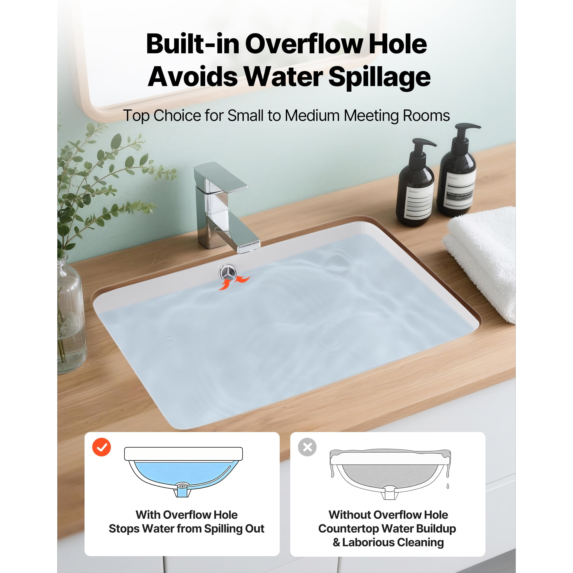 KFFKFF Rectangular Undermount Bathroom Sink, 20.28 x 15.16 Inch White Ceramic Basin with Overflow, Modern Under-Counter Vanity Wash Bowl for Compact Spaces