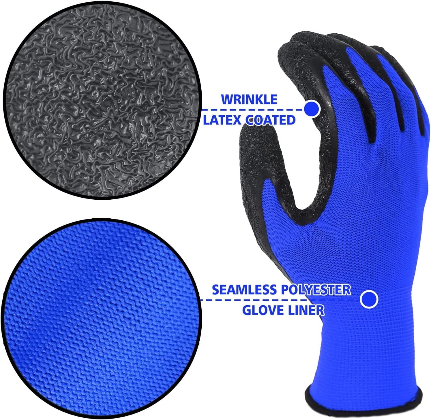 EvridWear 12 Pairs Crinkle Latex Rubber Hand Coated Safety Work Gloves for Men Women General Multi-Use (Large, Blue)