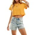 thumbnail image 5 of Women's Boxy Crop Top Round Neck Short Sleeve Casual 100% Cotton Cropped Tee T-Shirt, Mustard, X-Large, 5 of 10